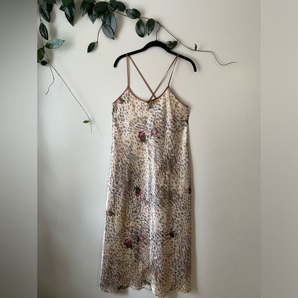 Vintage 80’s Gold Pink Leopard Floral Print Silky Polyester Slip Dress  Size XL